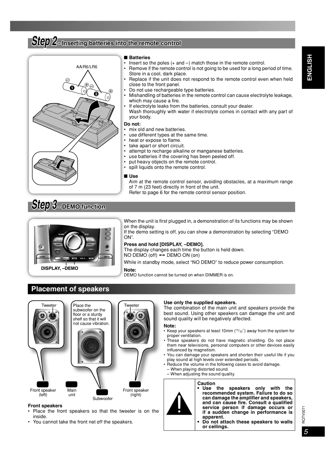 Panasonic SC-AK640 Placement of speakers, Inserting batteries into the remote control, Demo function, Lang 