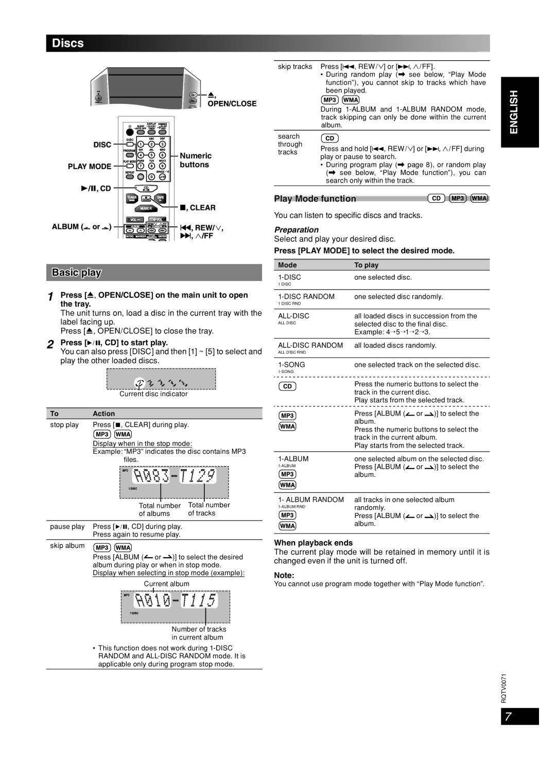 Panasonic SC-AK640 important safety instructions Discs, Basic play, Play Mode function, Preparation 