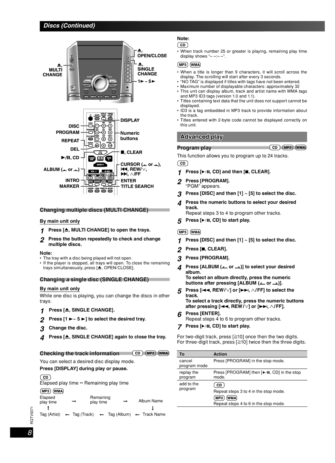 Panasonic SC-AK640 Advanced play, Changing multiple discs Multi Change, Changing a single disc Single Change, Program play 