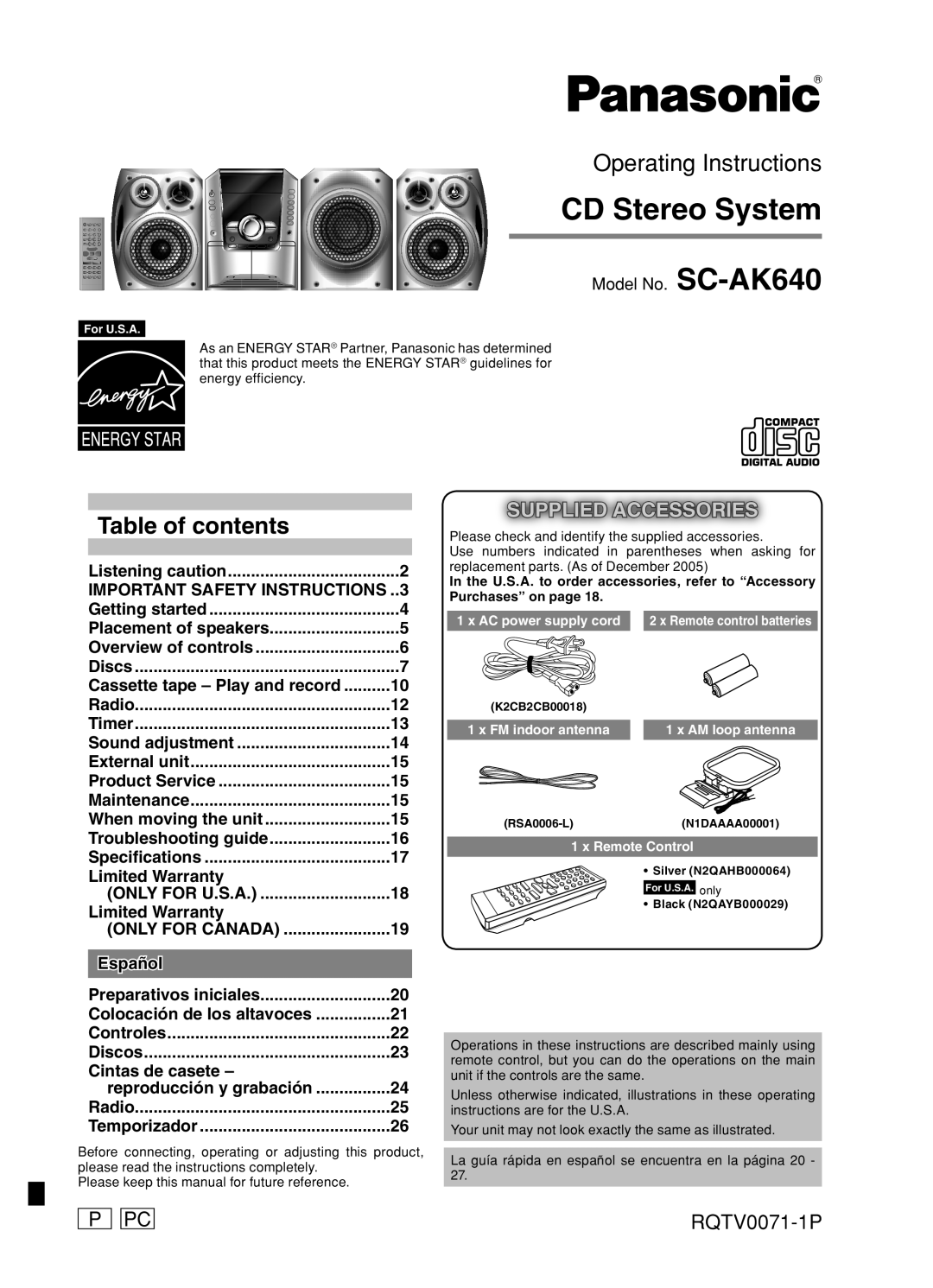 Panasonic SC-AK640 important safety instructions P Pc, RQTV0071-1P, CD Stereo System, Operating Instructions 