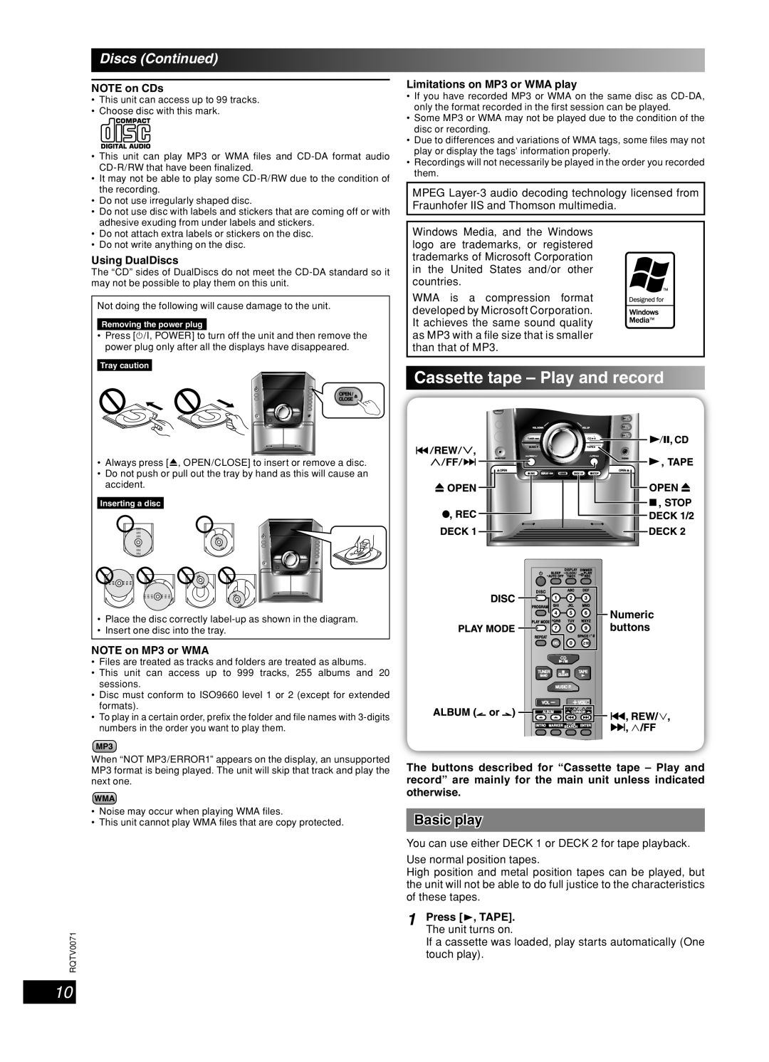 Panasonic SC-AK640 Cassette tape - Play and record, Discs Continued, English, NOTE on CDs, Using DualDiscs, Numeric 
