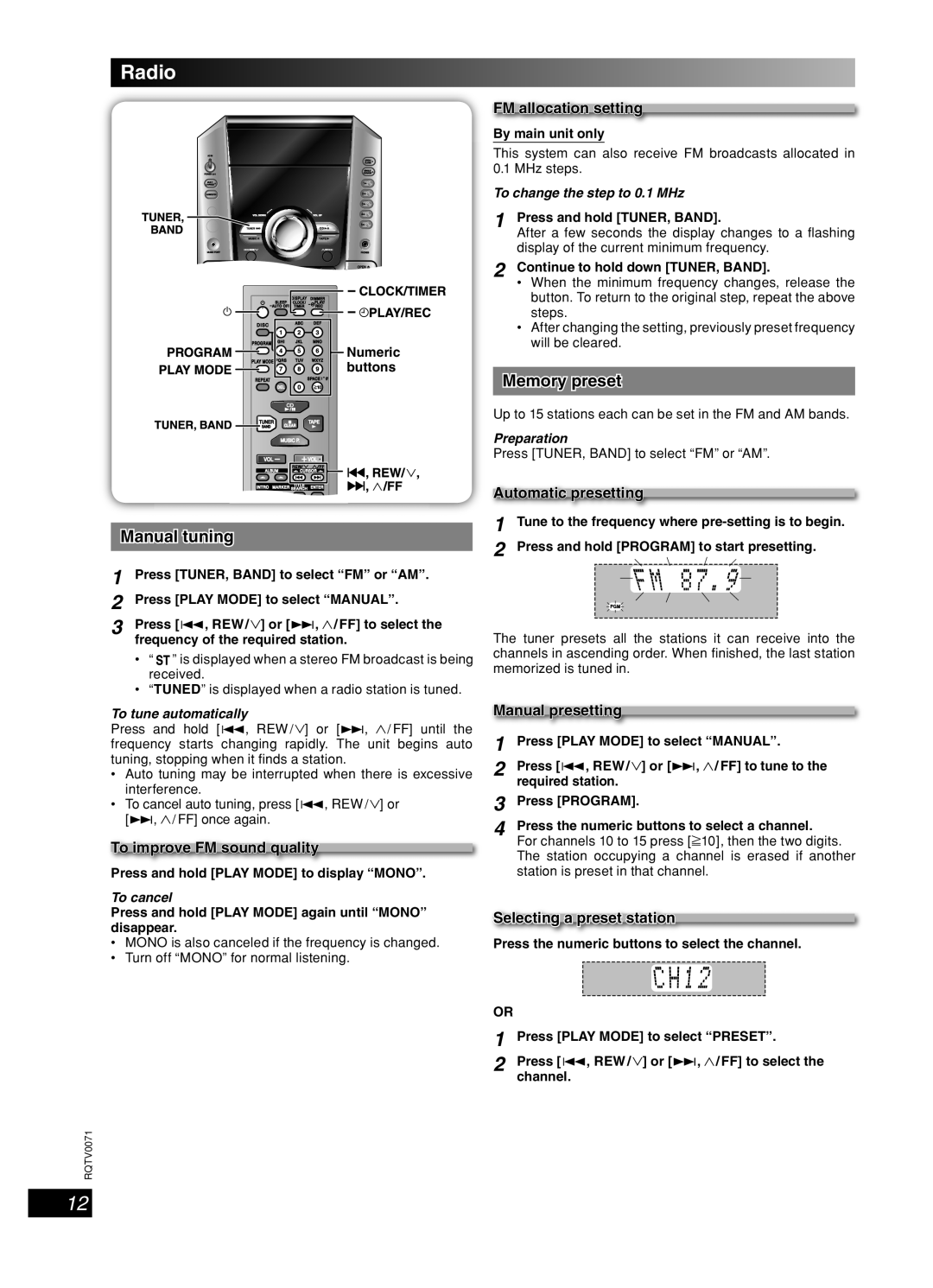 Panasonic SC-AK640 important safety instructions Radio, Manual tuning, Memory preset 