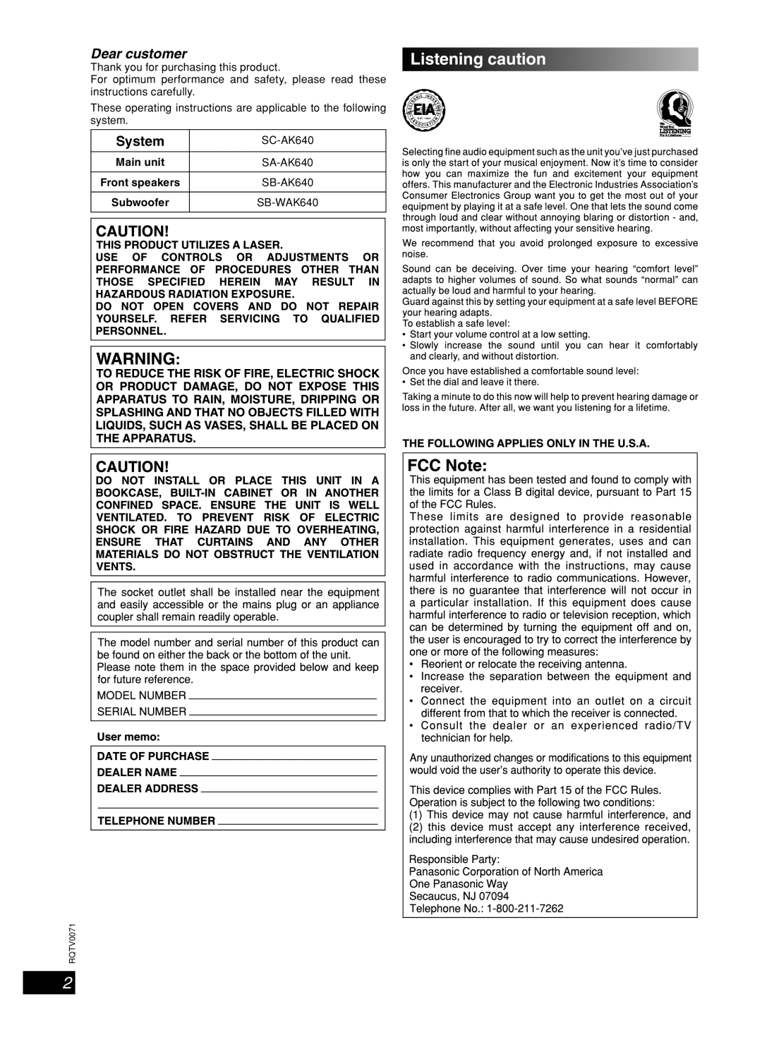 Panasonic SC-AK640 important safety instructions Listening caution, English Dansk Français, Lang 