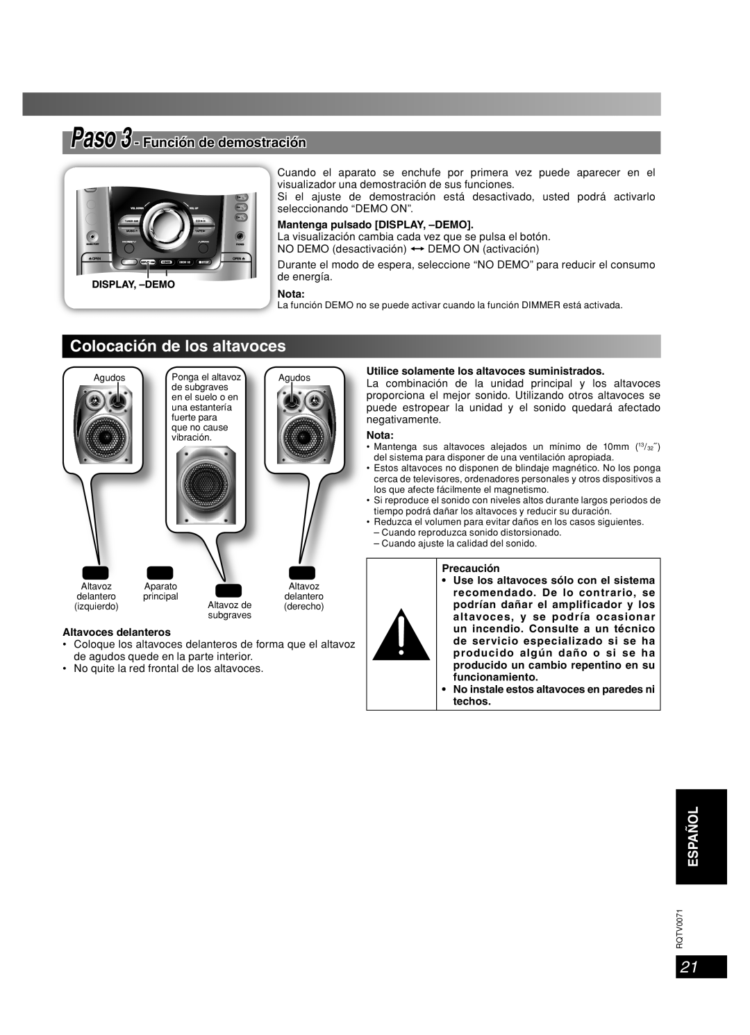 Panasonic SC-AK640 Colocación de los altavoces, Français, English Dansk, Lang - Español, Mantenga pulsado DISPLAY, -DEMO 