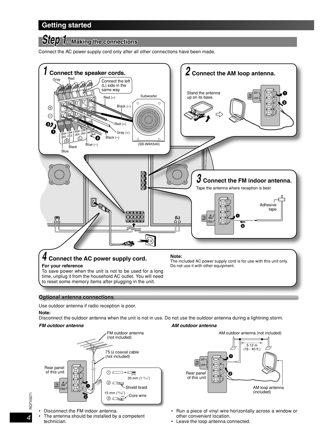 Panasonic SC-AK640 Getting started, English Dansk Français Lang, Connect the AM loop antenna, Optional antenna connections 