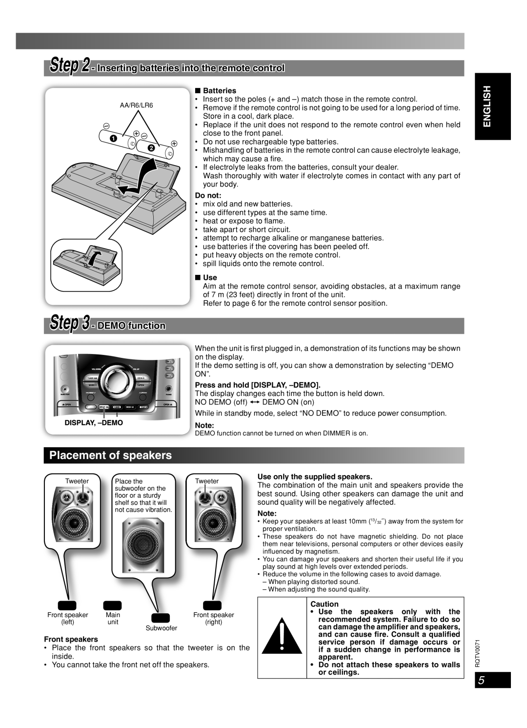 Panasonic SC-AK640 Placement of speakers, Lang Lang, English Dansk, Batteries, Do not, Press and hold DISPLAY, -DEMO 