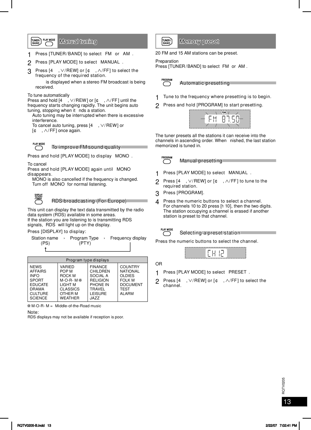 Panasonic SC-AK750 specifications FM/AM radio, Manual tuning, Memory preset 