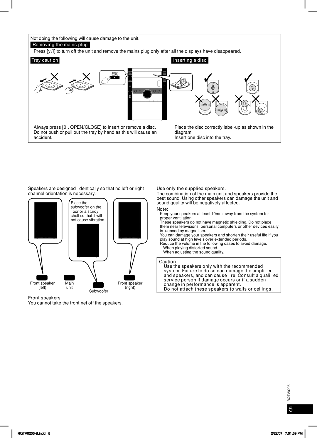 Panasonic SC-AK750 Handling of the disc trays and discs, Placement of speakers, Use only the supplied speakers 