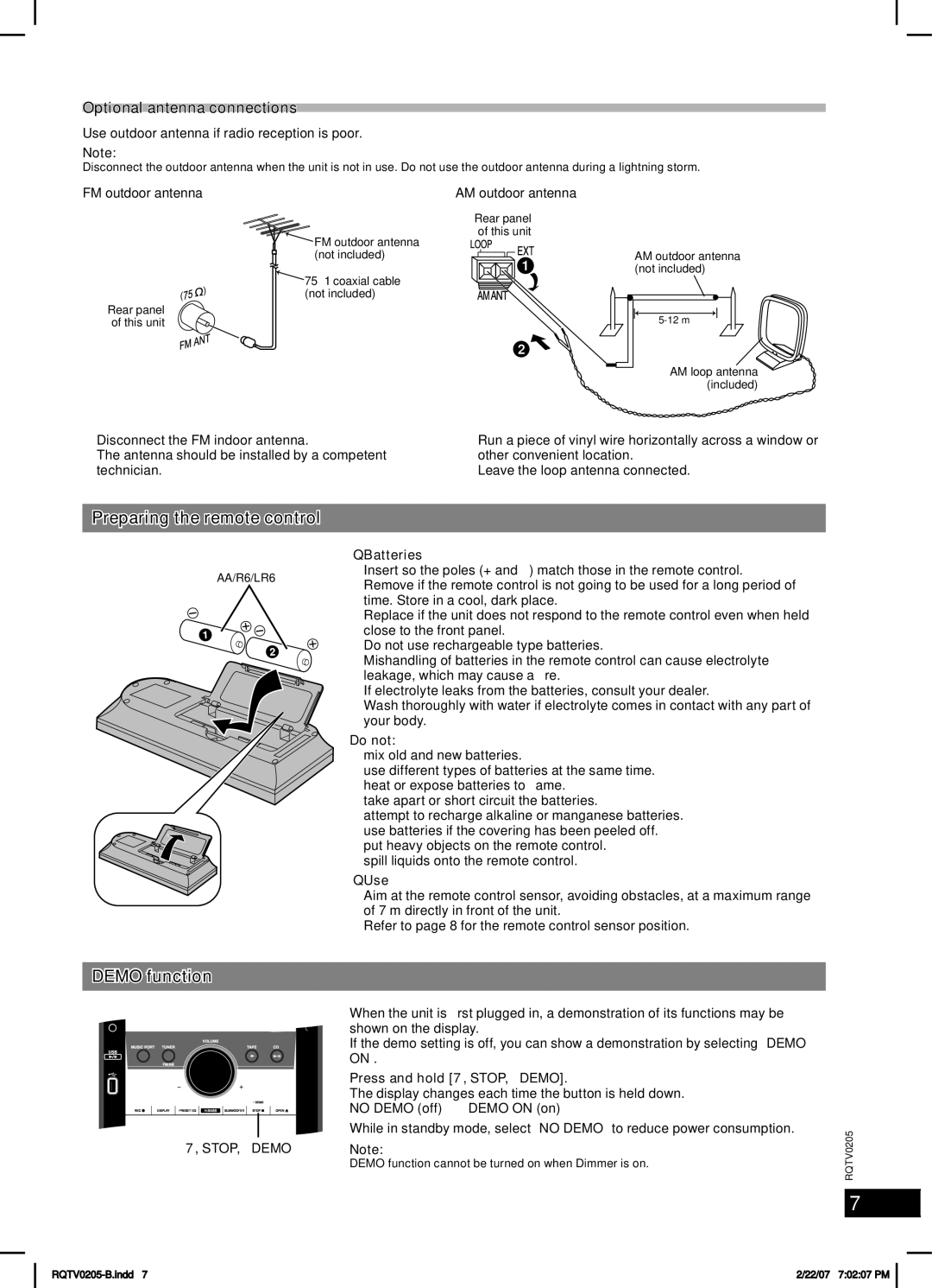 Panasonic SC-AK750 Preparing the remote control, Demo function, Optional antenna connections, FM outdoor antenna 