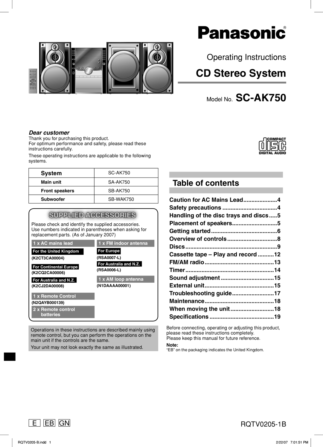 Panasonic Stereo System, 377 operating instructions P Pc, RQTV0200-1P, Model No. SC-AK750, Important Safety Instructions 
