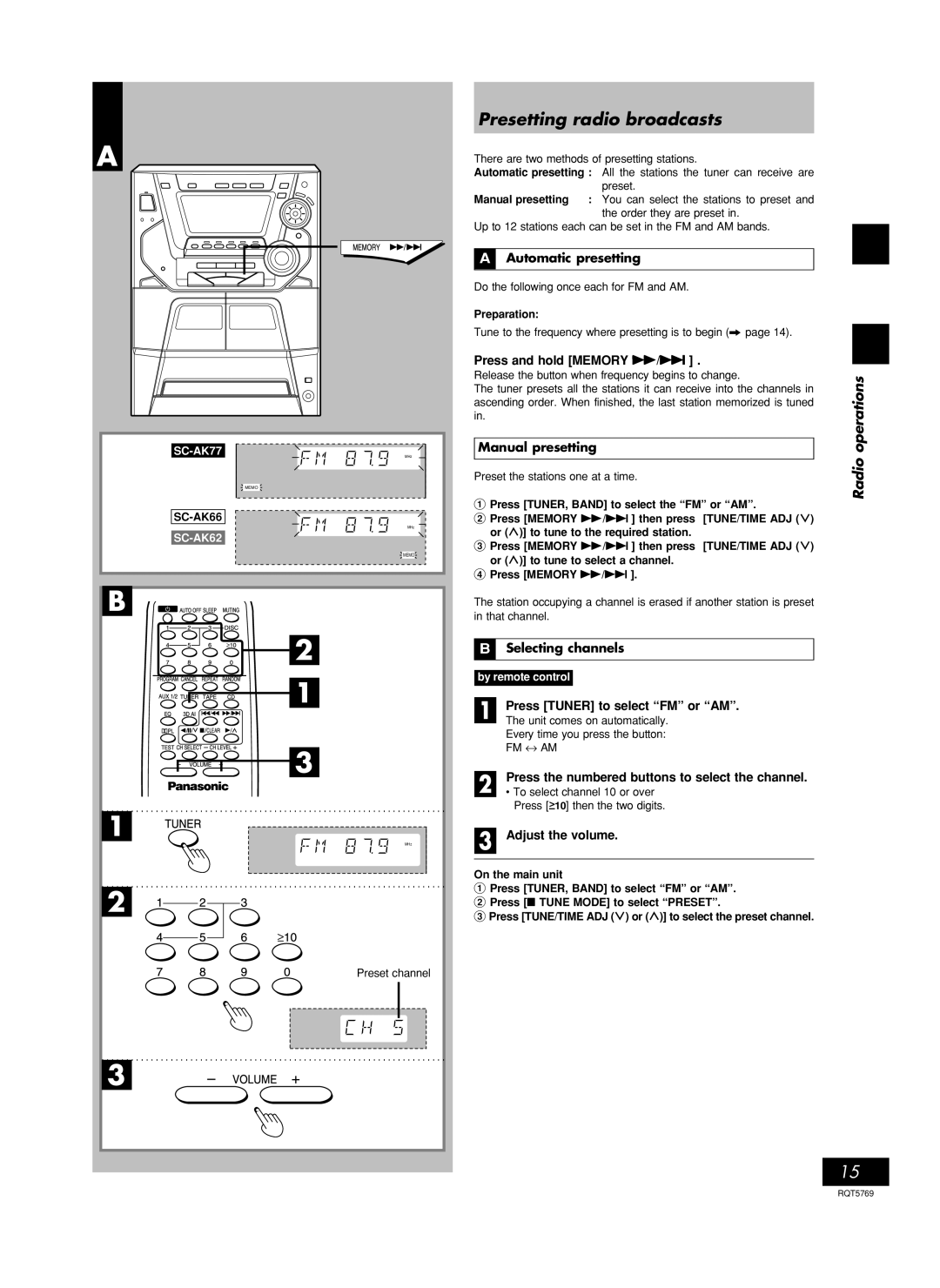 Panasonic SC-AK77, SC-AK66 manual Presetting radio broadcasts, Automatic presetting, Manual presetting, Selecting channels 