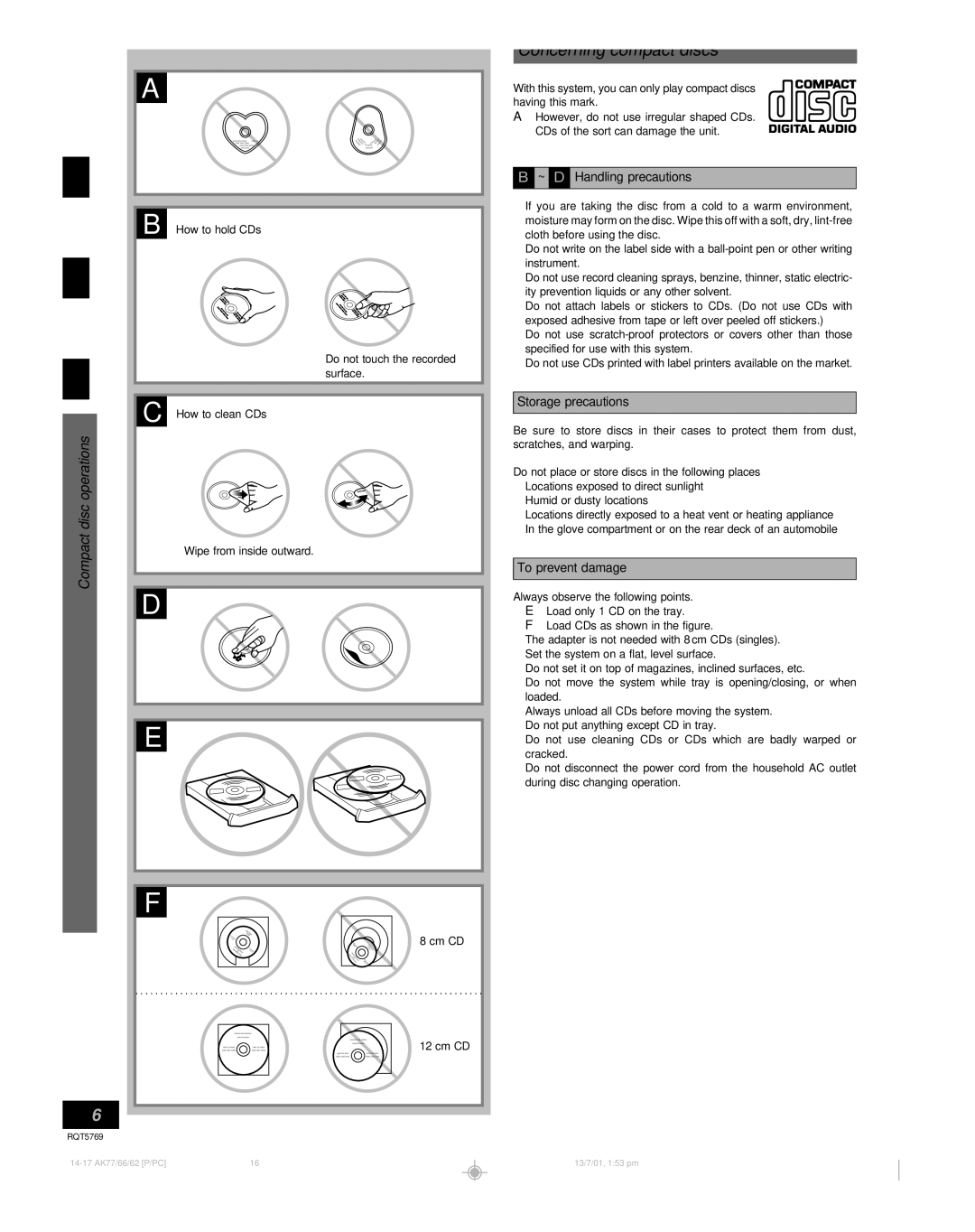 Panasonic SC-AK66, SC-AK77, SC-AK62 Concerning compact discs, Discoperations, ~ D Handling precautions, Storage precautions 