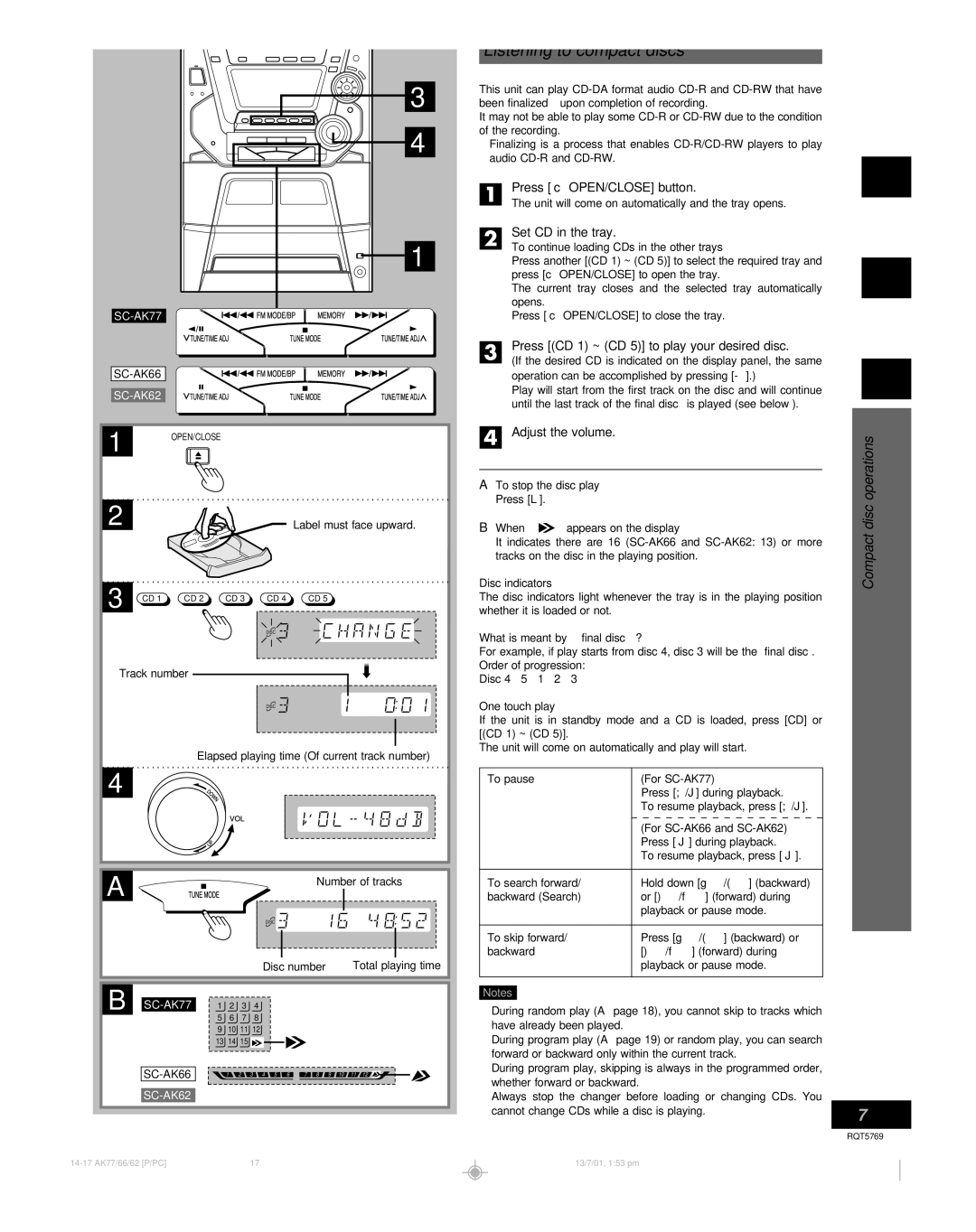 Panasonic SC-AK62 manual Listening to compact discs, Compact disc operations, Press c OPEN/CLOSE button, Set CD in the tray 