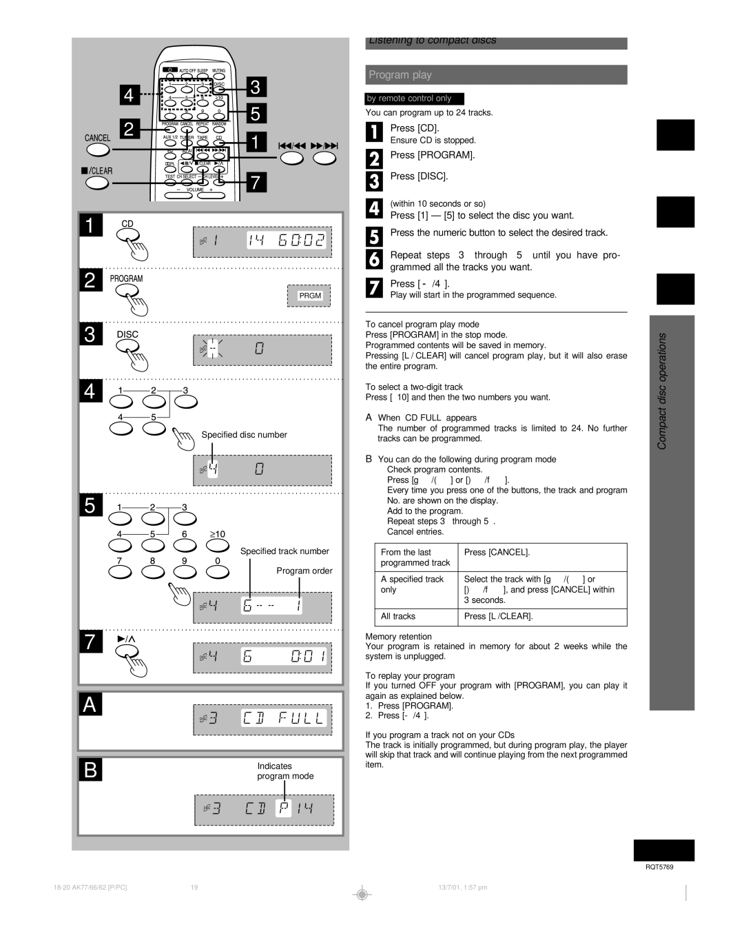 Panasonic SC-AK66, SC-AK77, SC-AK62 manual Program play, Press CD, Press Program Press Disc 