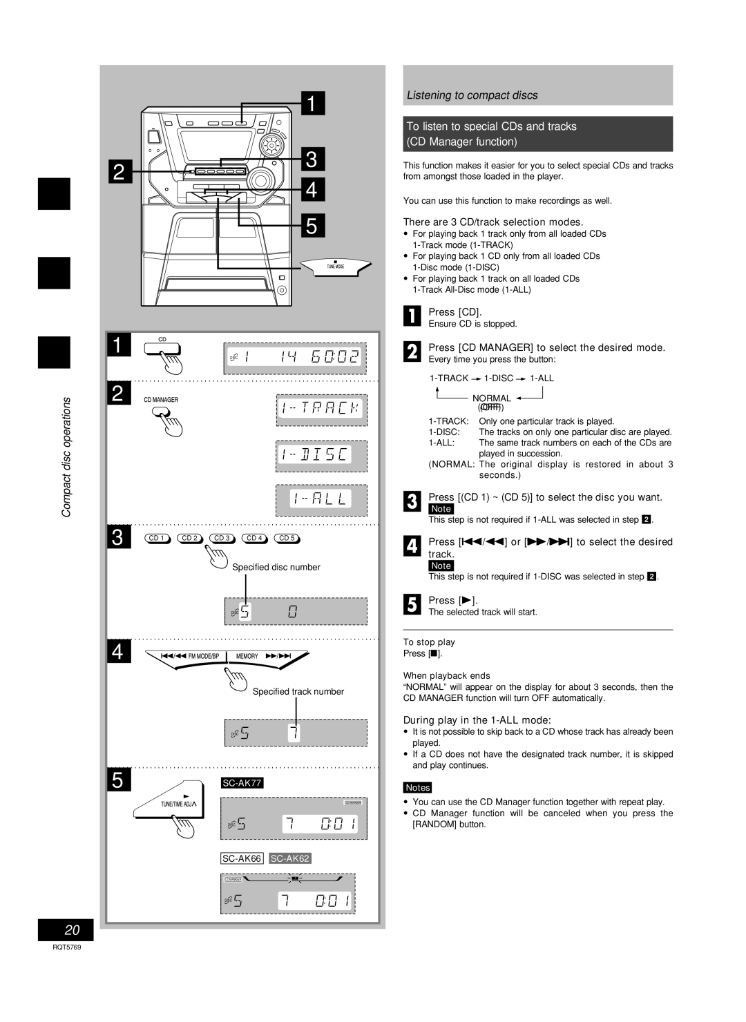 Panasonic SC-AK62, SC-AK77, SC-AK66 manual To listen to special CDs and tracks CD Manager function 