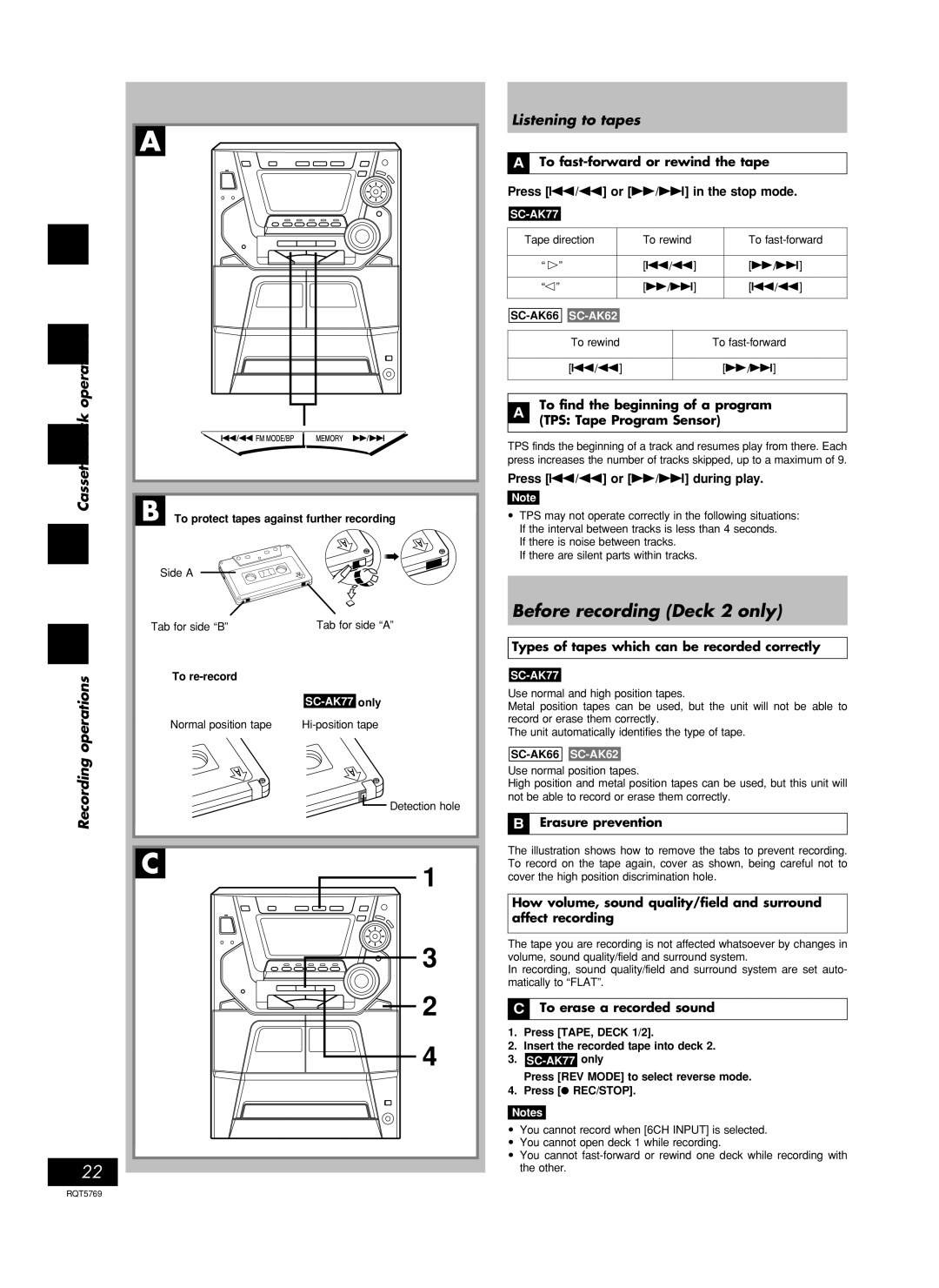 Panasonic SC-AK66, SC-AK77 Before recording Deck 2 only, Cassette deck operations Recording operations, Listening to tapes 