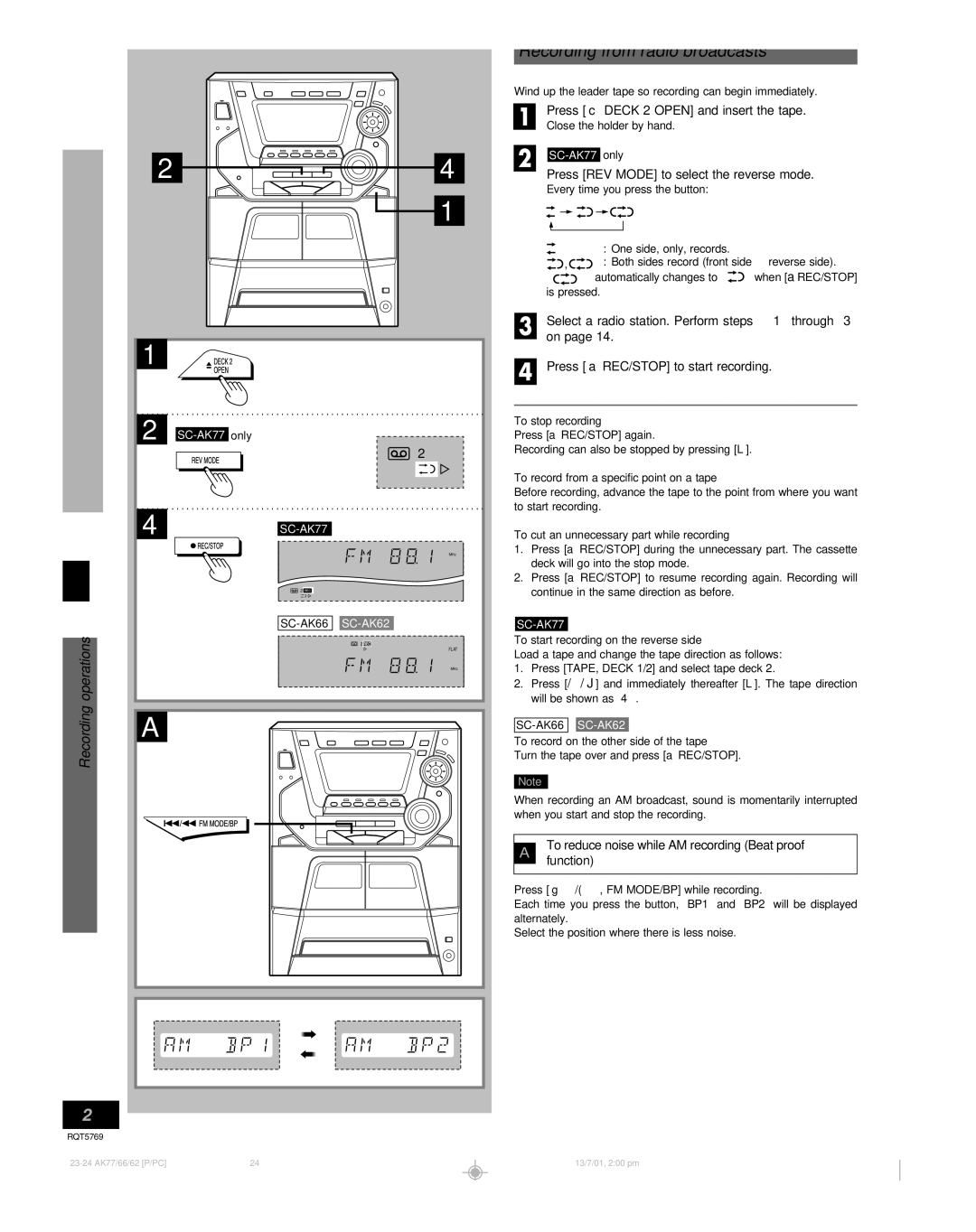 Panasonic SC-AK77, SC-AK66, SC-AK62 manual Recording from radio broadcasts, Press c Deck 2 Open and insert the tape 