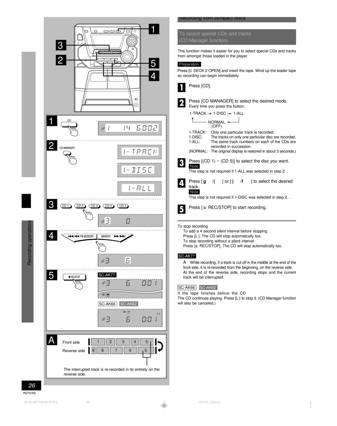 Panasonic SC-AK62, SC-AK77, SC-AK66 manual Recording from compact discs, To record special CDs and tracks CD Manager function 