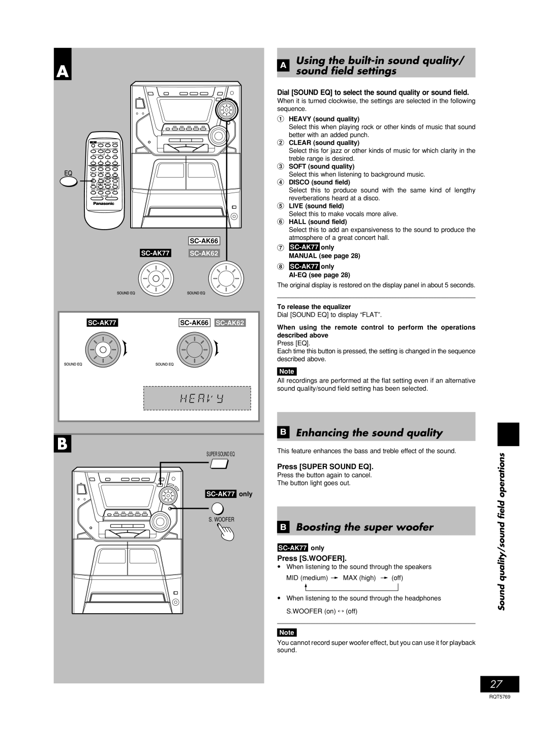 Panasonic SC-AK77, SC-AK66, SC-AK62 Using the built-in sound quality/ sound field settings, Enhancing the sound quality 