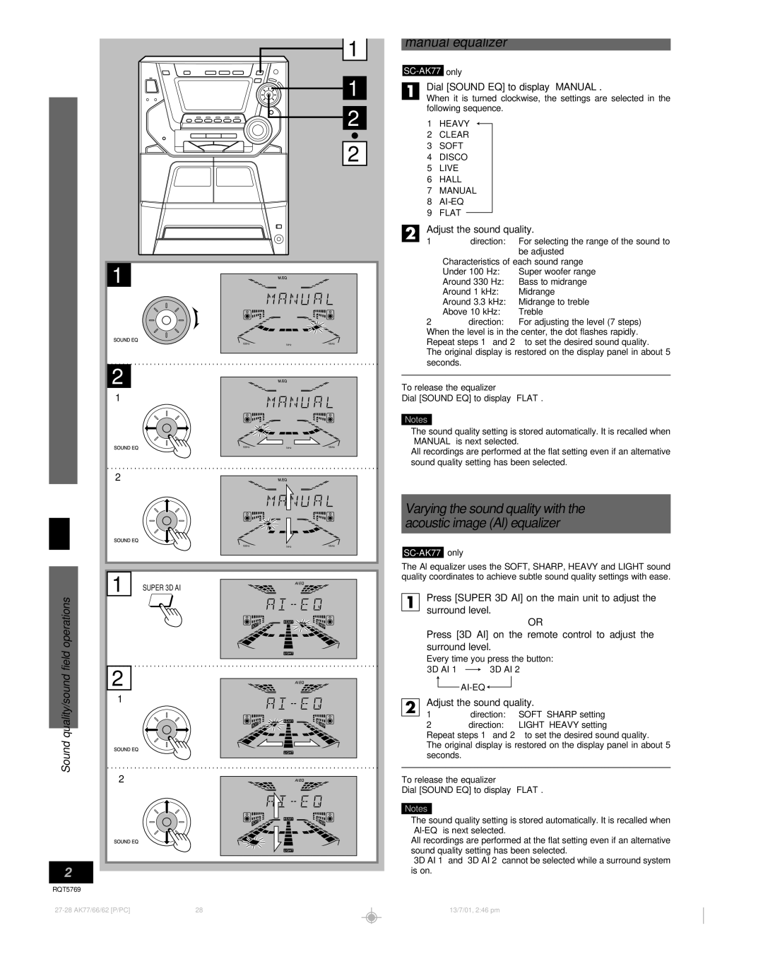 Panasonic SC-AK66, SC-AK77, SC-AK62 manual Varying the sound quality with, Manual equalizer, Acoustic image Al equalizer 