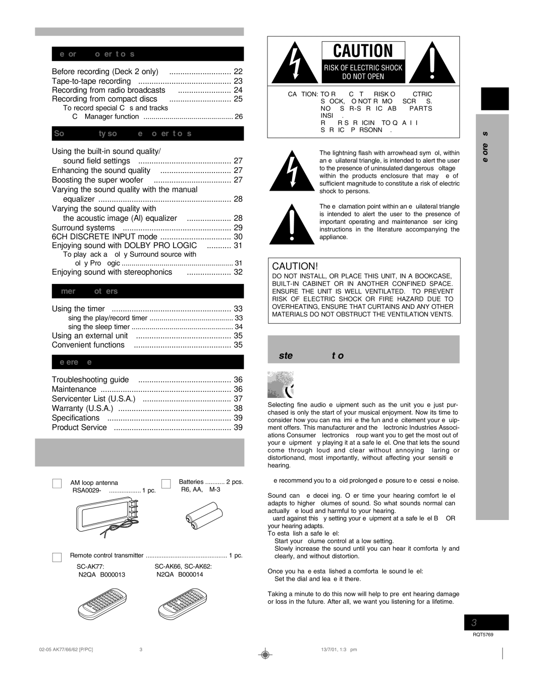 Panasonic SC-AK77, SC-AK66 Listening caution, Recording operations, Sound quality/sound field operations, Timer and others 