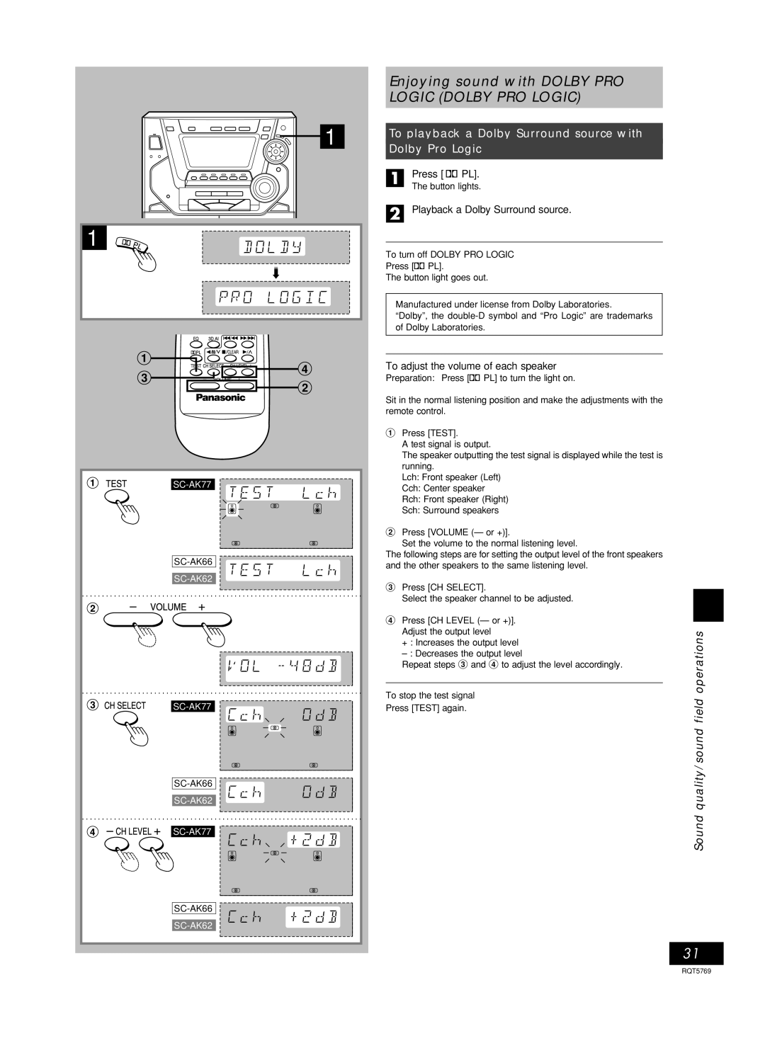 Panasonic SC-AK66 Enjoying sound with Dolby PRO, To playback a Dolby Surround source with Dolby Pro Logic, Press p PL 