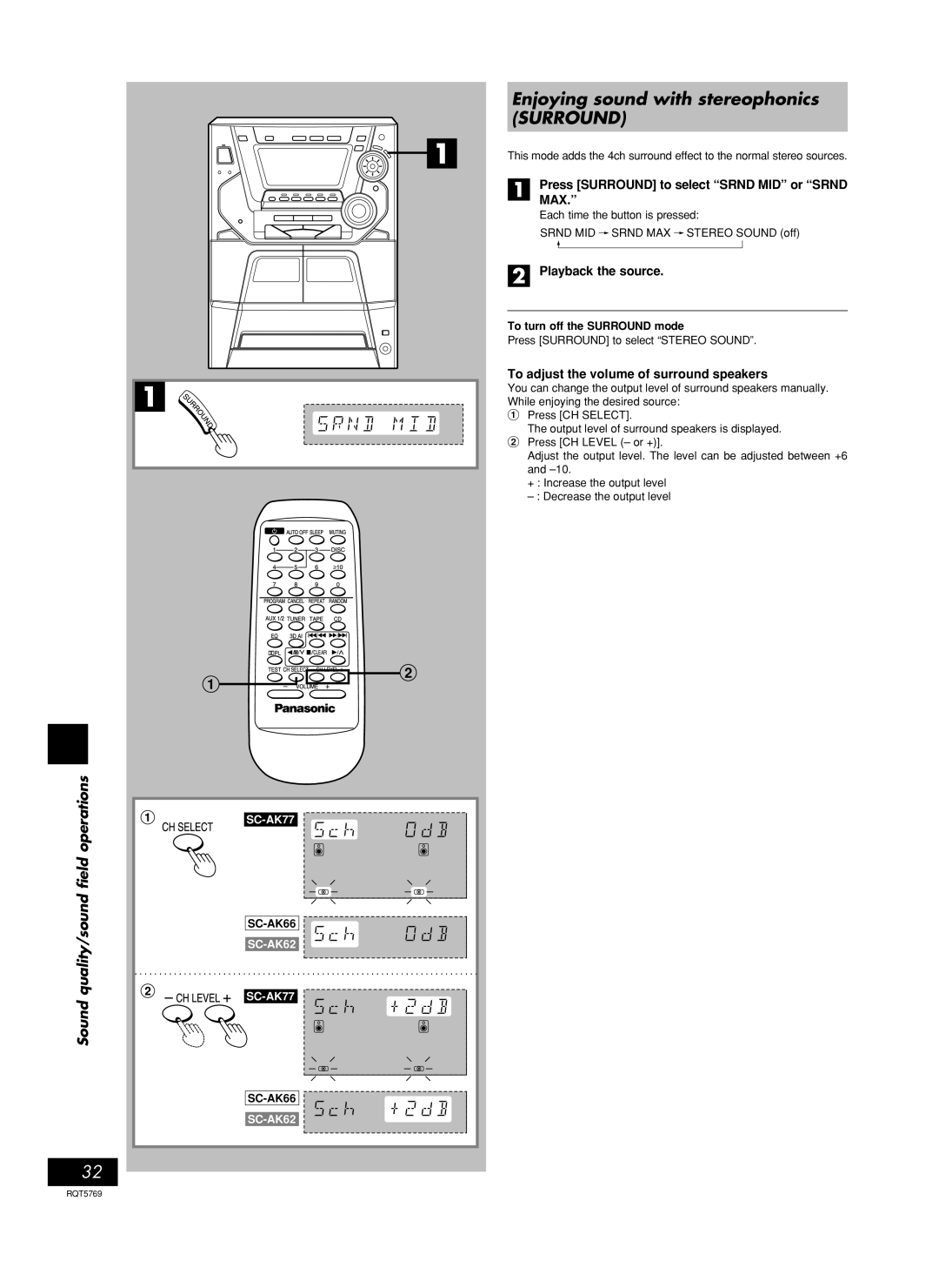 Panasonic SC-AK62, SC-AK77 manual Enjoying sound with stereophonics Surround, Press Surround to select Srnd MID or Srnd MAX 