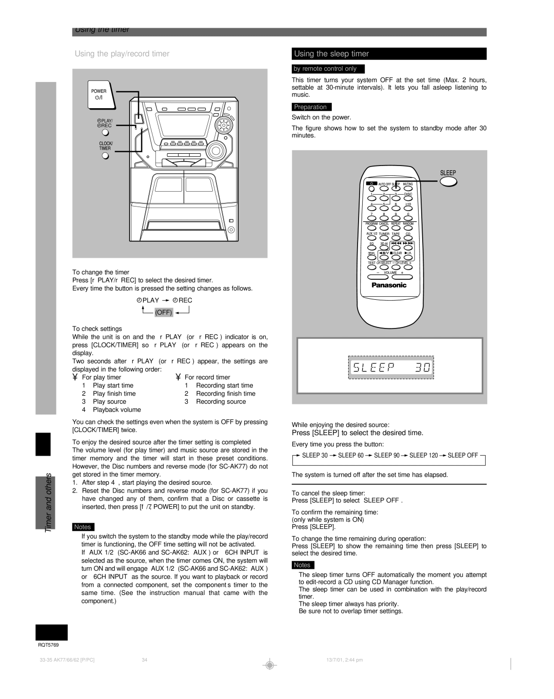 Panasonic SC-AK66, SC-AK77, SC-AK62 Using the timer, Timer, Using the sleep timer, Press Sleep to select the desired time 