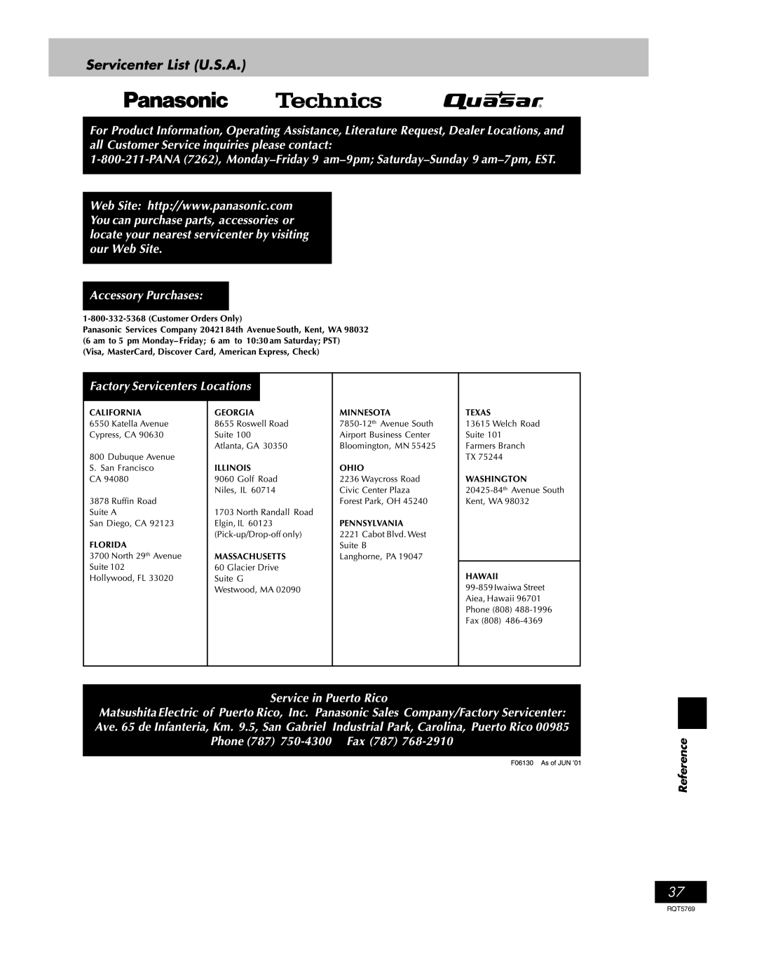 Panasonic SC-AK66, SC-AK77, SC-AK62 manual Servicenter List U.S.A 