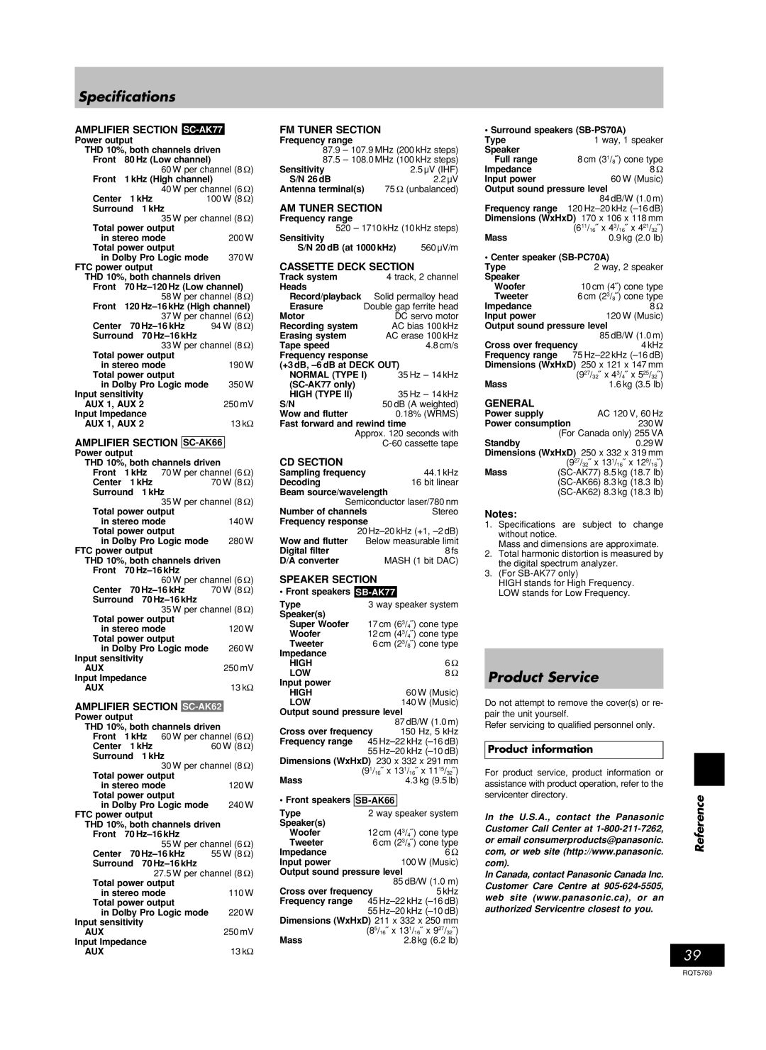 Panasonic SC-AK77, SC-AK66, SC-AK62 manual Specifications, Product Service, Product information 