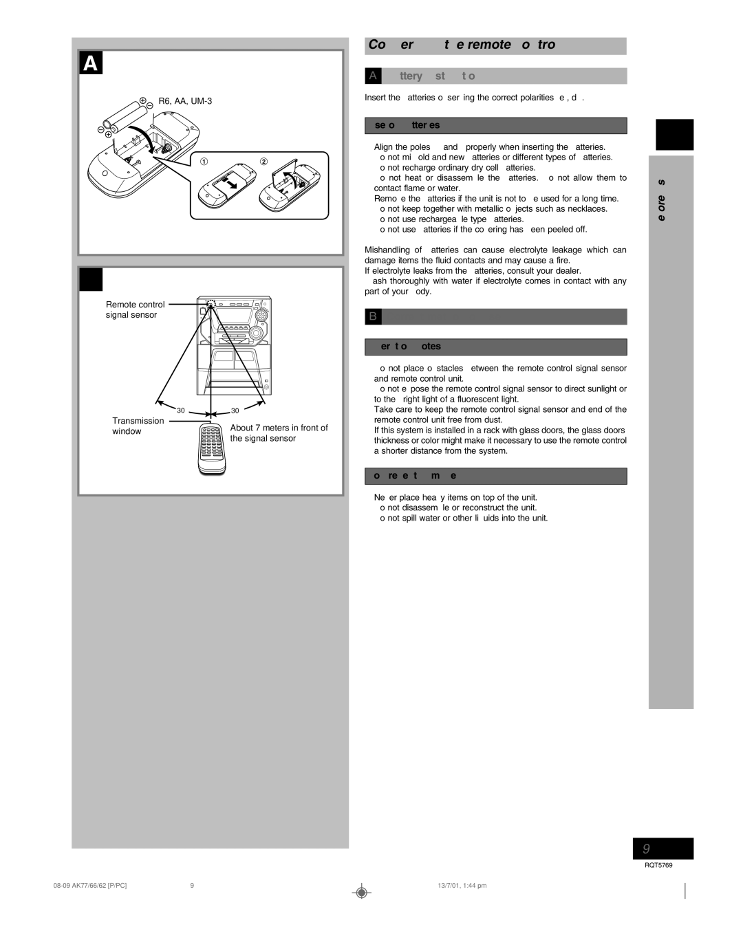 Panasonic SC-AK77, SC-AK66, SC-AK62 manual Concerning the remote control, Battery installation, Correct method of use 