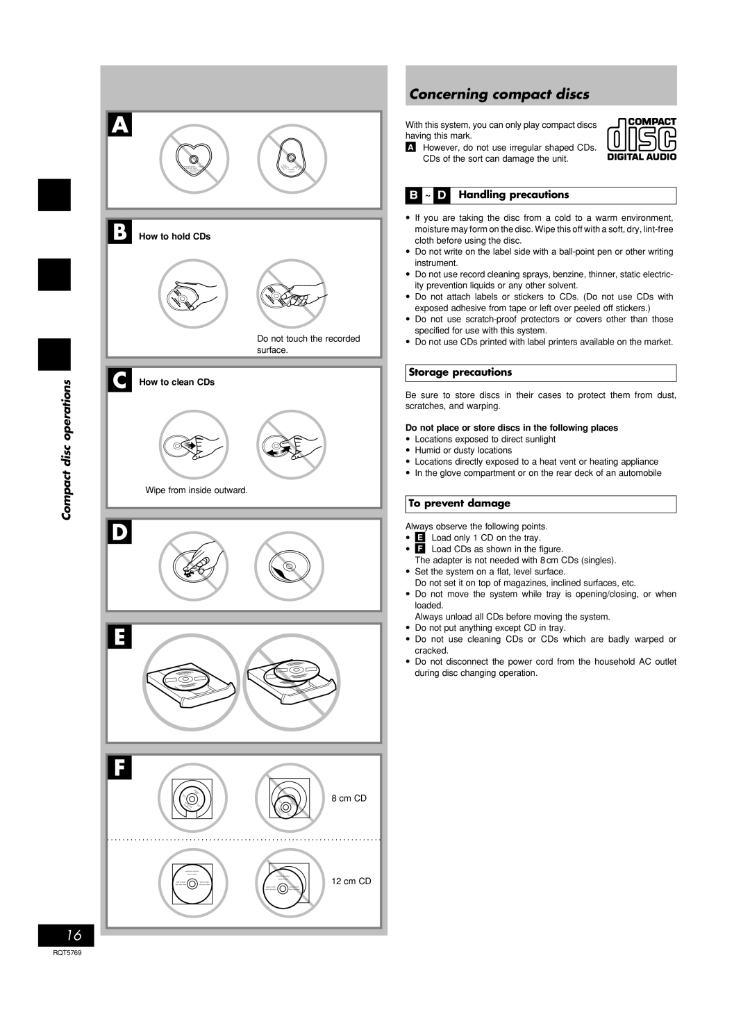 Panasonic SC-AK66 manual D E F, Concerning compact discs, discoperations, B ~ D Handling precautions, Storage precautions 