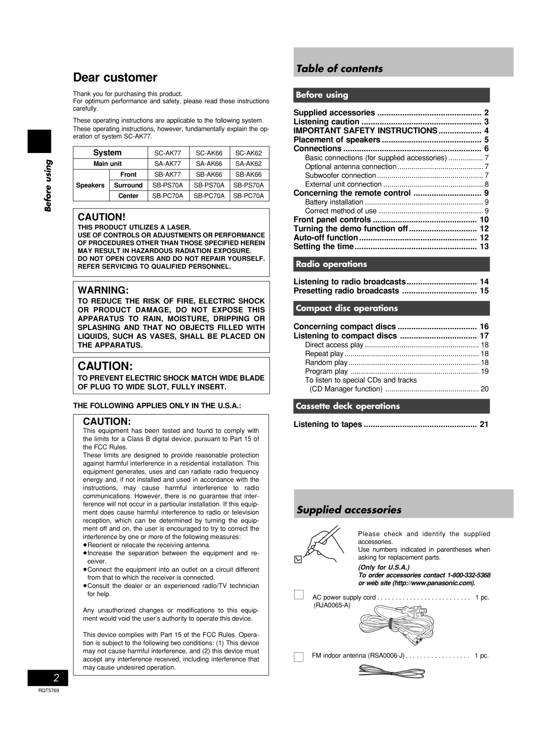 Panasonic SC-AK62 manual Table of contents, Supplied accessories, Before using, Radio operations, Compact disc operations 