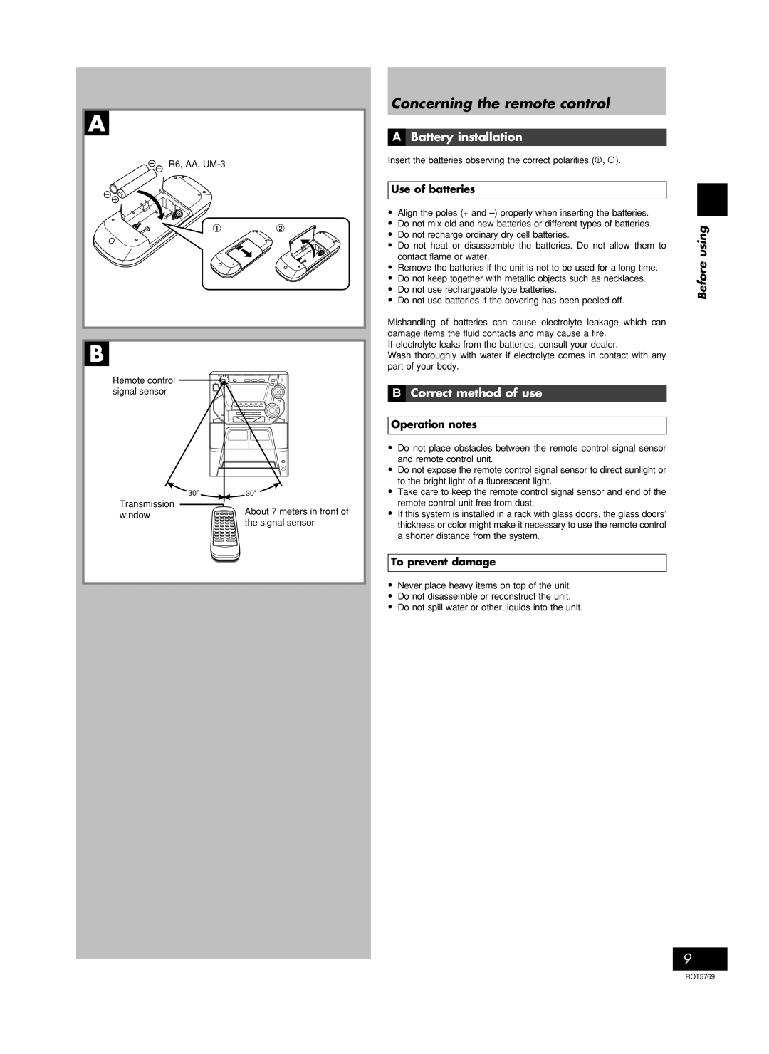 Panasonic SC-AK77 manual Concerning the remote control, A Battery installation, B Correct method of use, Use of batteries 