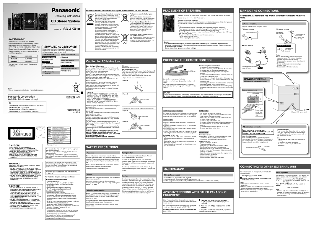 Panasonic SC-AKX10 operating instructions Placement of Speakers Making the Connections, Preparing the Remote Control 