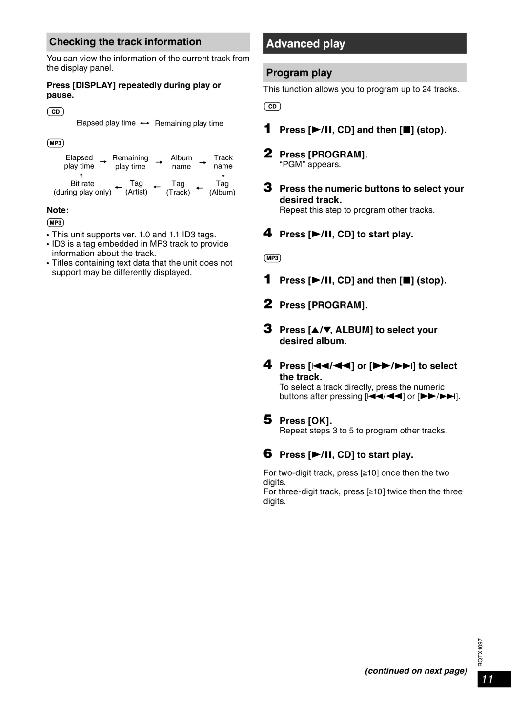 Panasonic SC-AKX50 operating instructions Advanced play, Checking the track information, Program play 