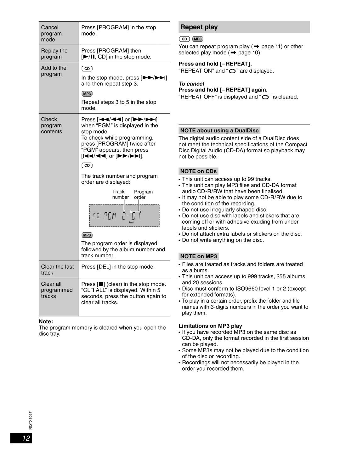 Panasonic SC-AKX50 operating instructions Repeat play, Press and hold Repeat again, Limitations on MP3 play 