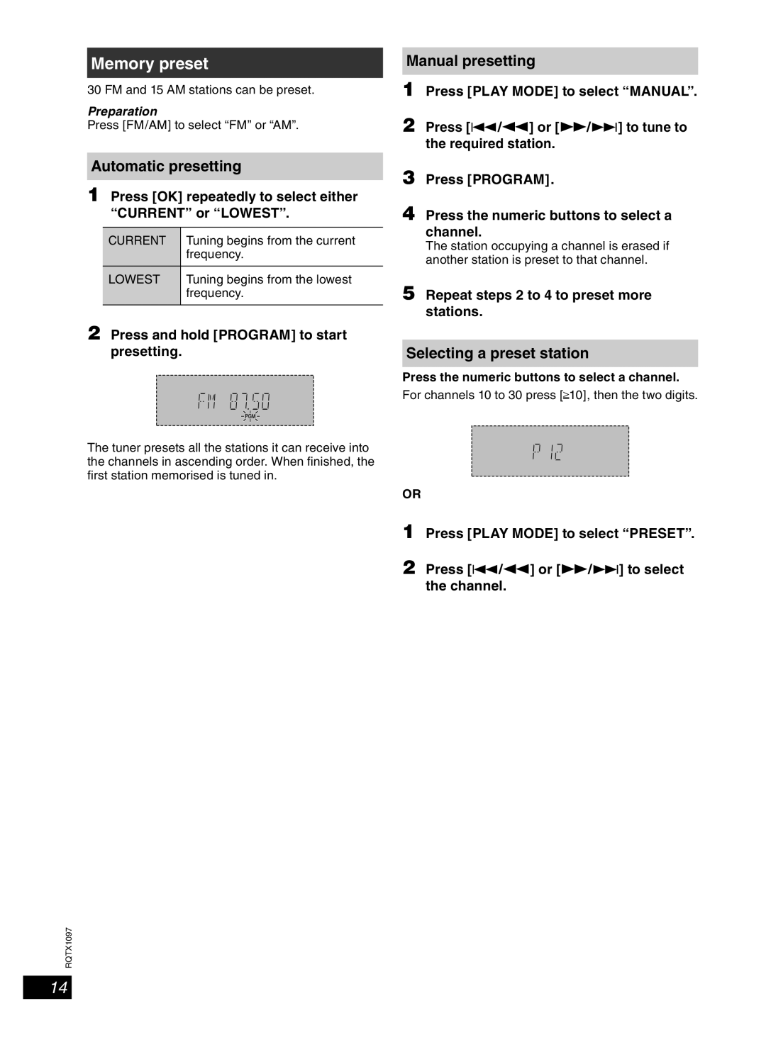 Panasonic SC-AKX50 Memory preset, Automatic presetting, Manual presetting, Selecting a preset station 