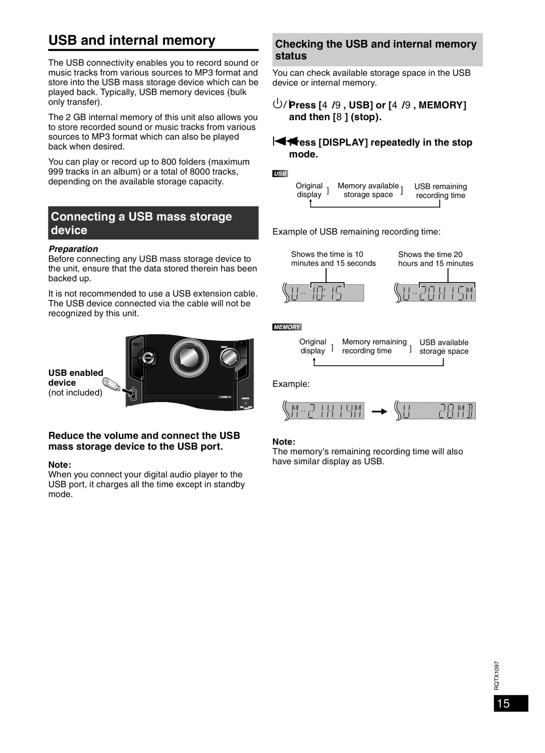 Panasonic SC-AKX50 operating instructions USB and internal memory, Connecting a USB mass storage Device, USB enabled 