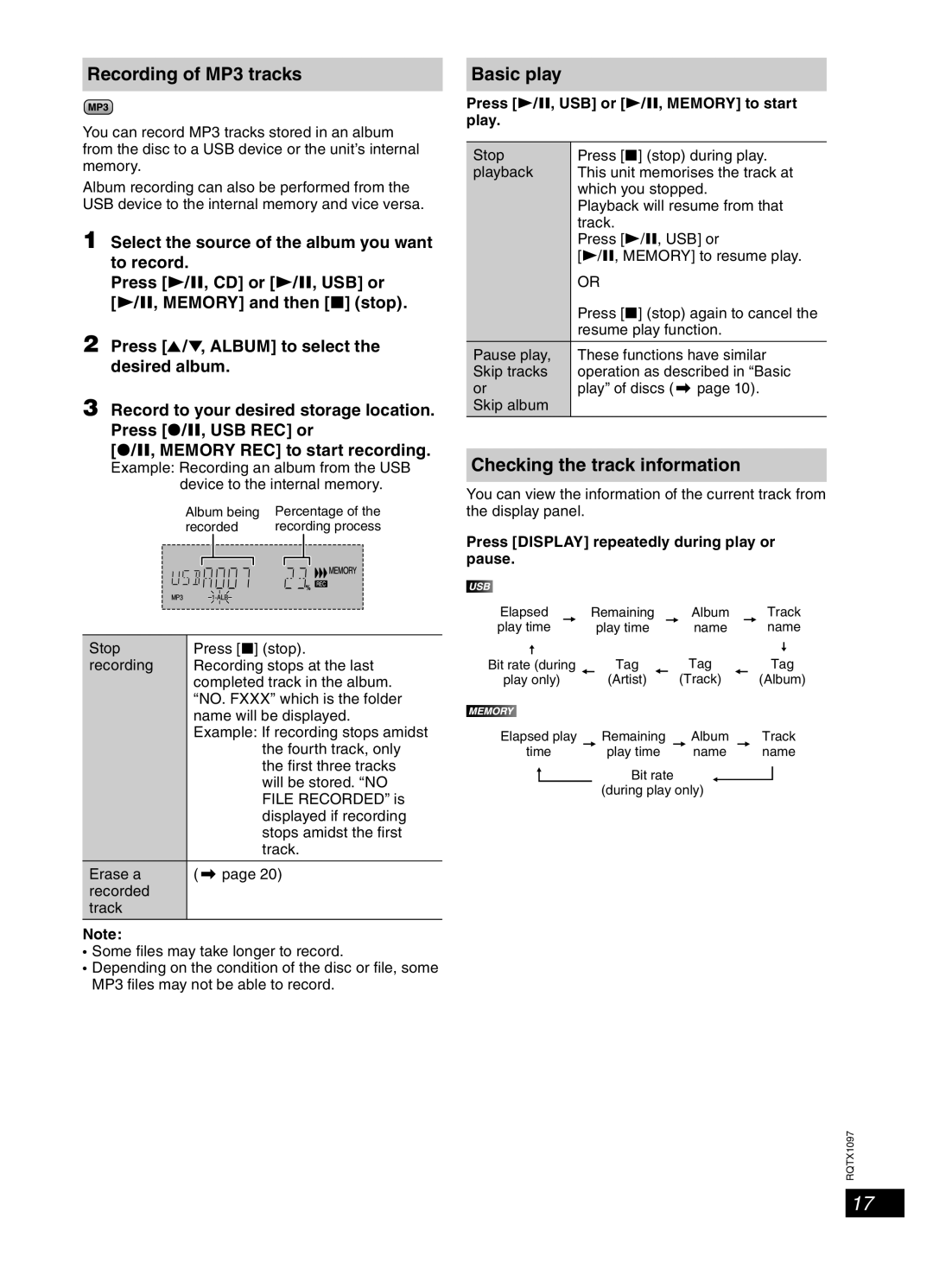 Panasonic SC-AKX50 operating instructions Recording of MP3 tracks, Basic play, Press 4/9, USB or 4/9, Memory to start play 