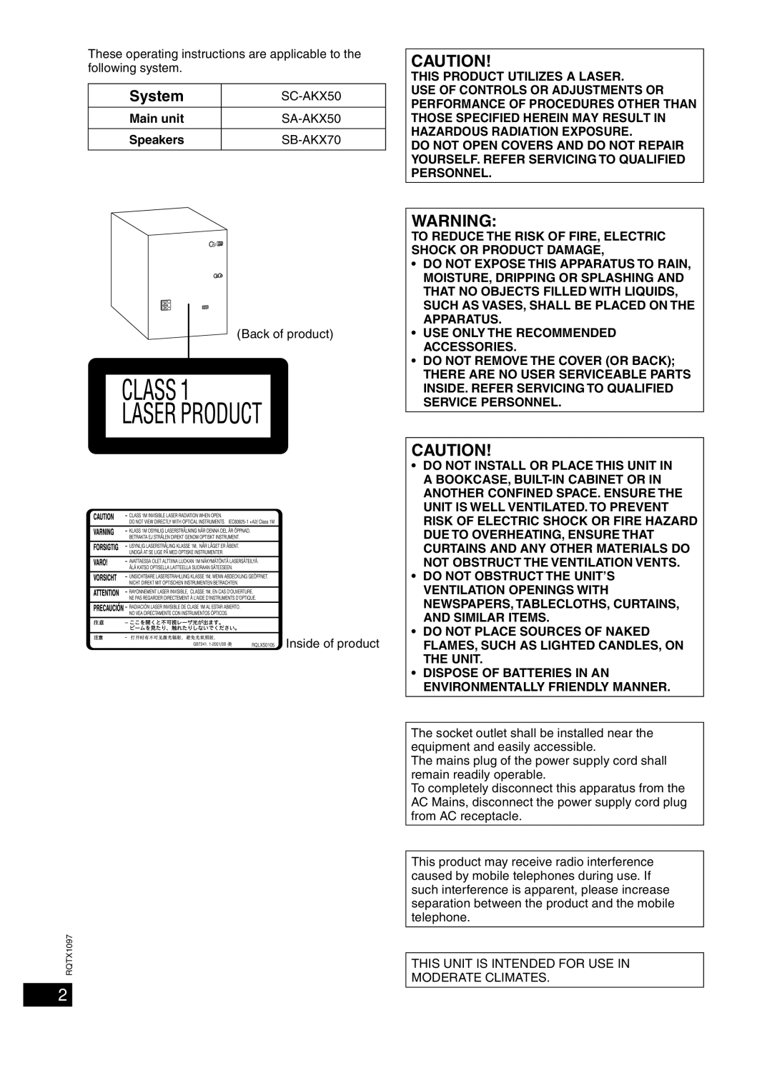 Panasonic SC-AKX50 operating instructions System, Main unit, Speakers 