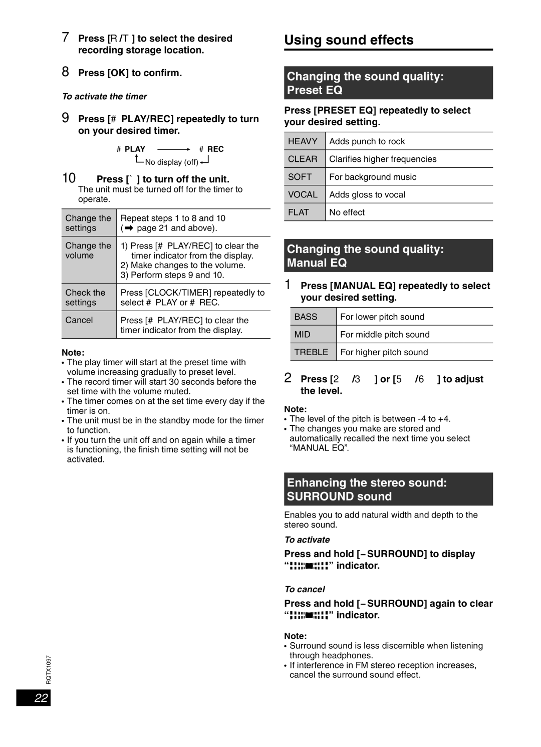 Panasonic SC-AKX50 Using sound effects, Changing the sound quality Preset EQ, Changing the sound quality Manual EQ 