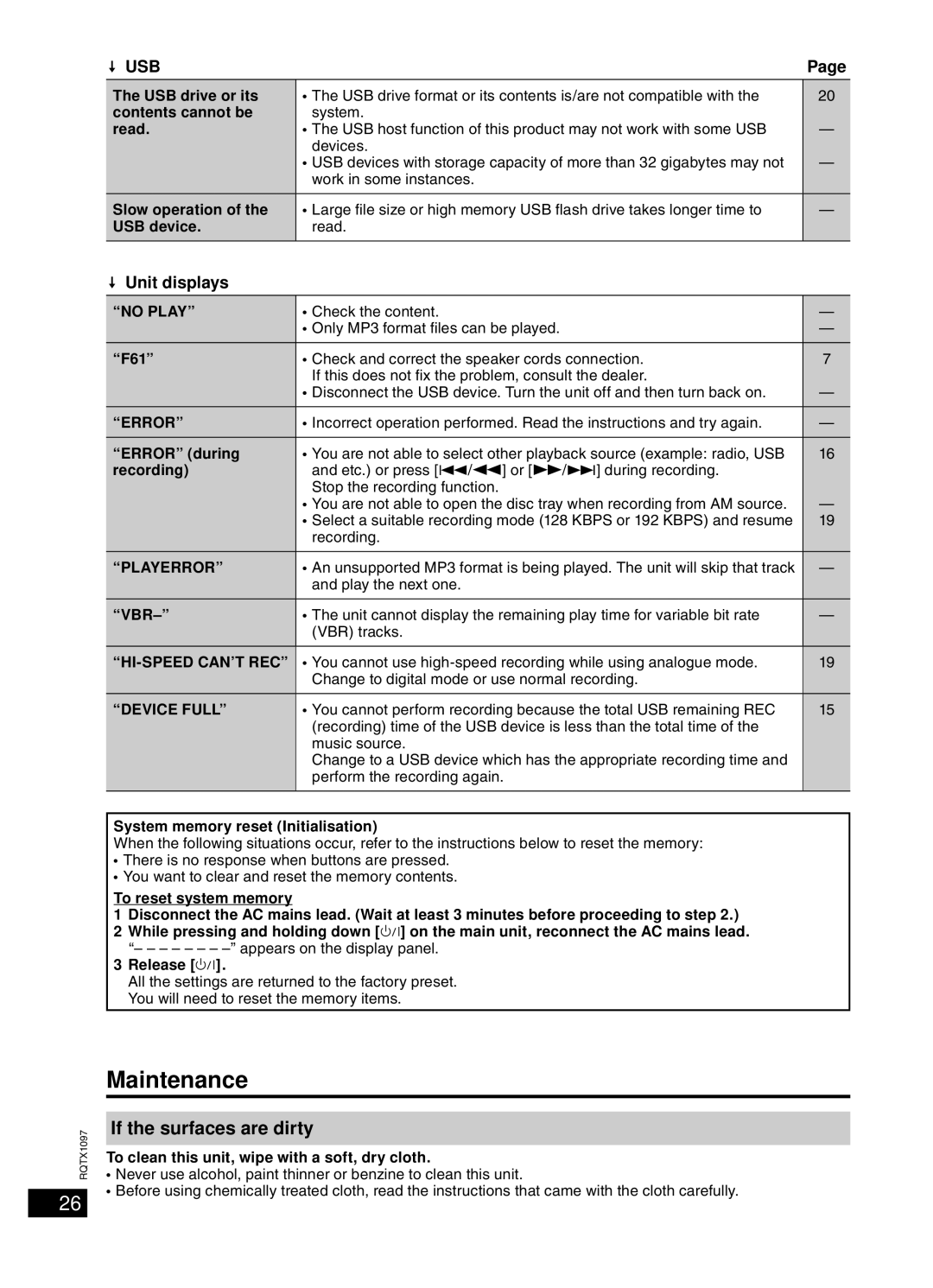 Panasonic SC-AKX50 operating instructions Maintenance, If the surfaces are dirty, Unit displays 