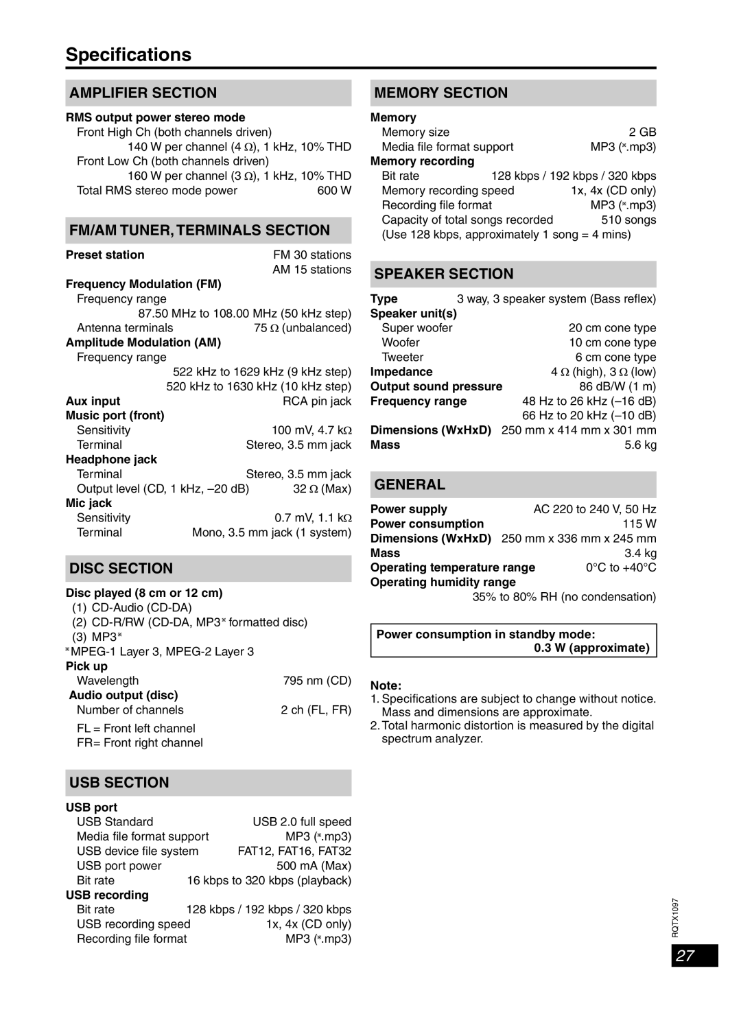 Panasonic SC-AKX50 operating instructions Speciﬁcations 