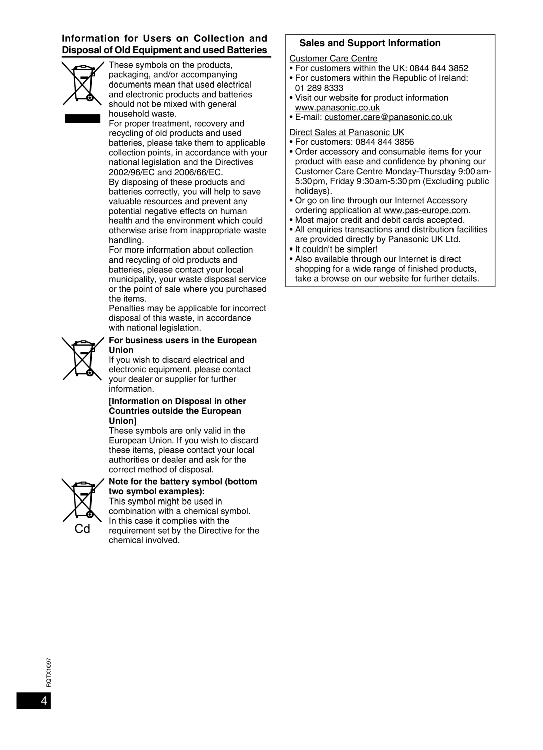 Panasonic SC-AKX50 operating instructions Sales and Support Information, For business users in the European Union 