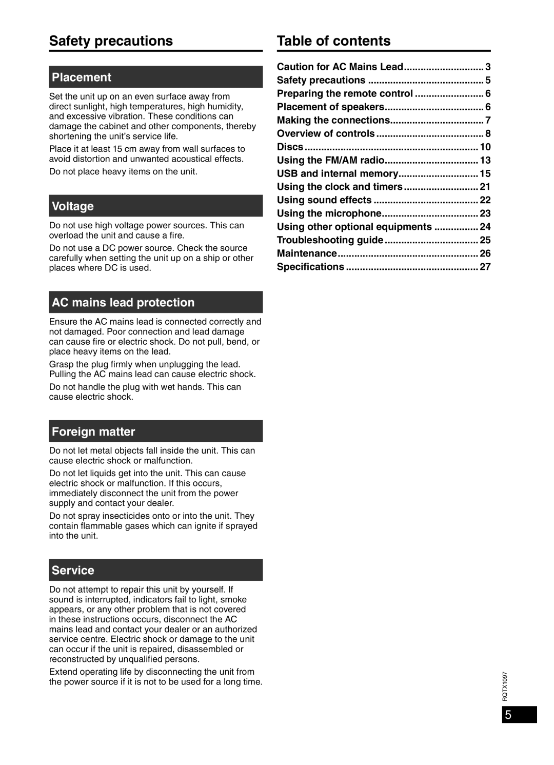 Panasonic SC-AKX50 operating instructions Safety precautions, Table of contents 