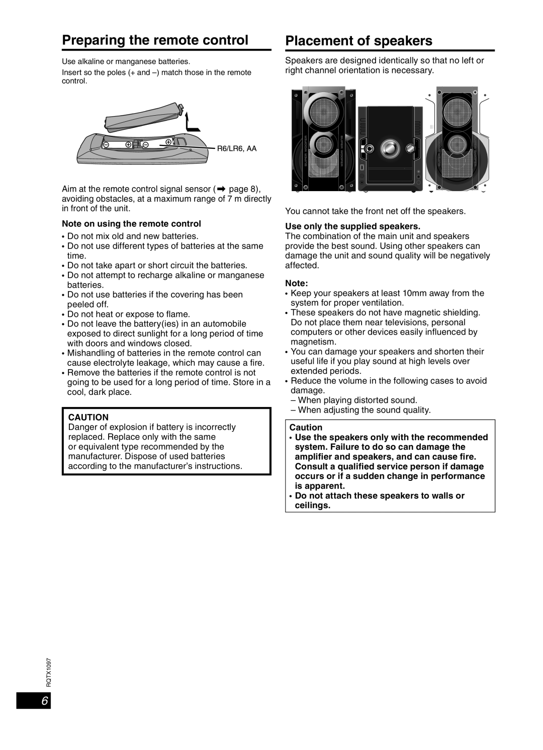 Panasonic SC-AKX50 Preparing the remote control, Placement of speakers, Use only the supplied speakers 