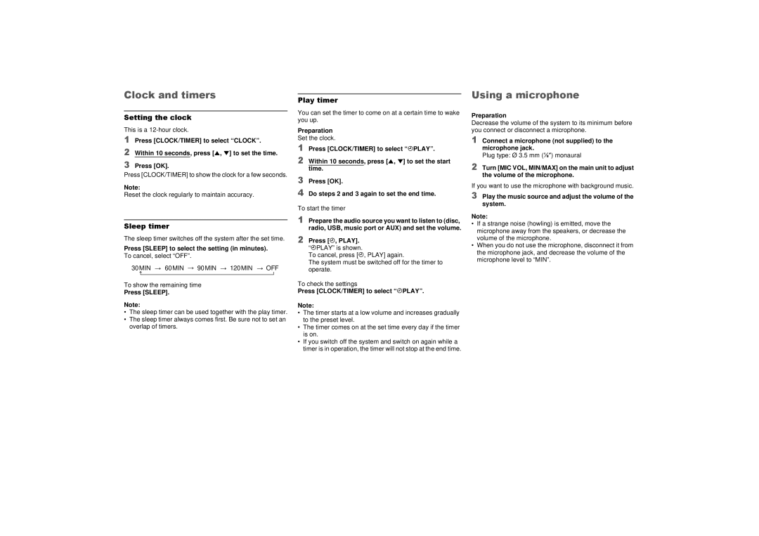 Panasonic SC-AKX73 owner manual Clock and timers, Using a microphone, Setting the clock, Sleep timer, Play timer 