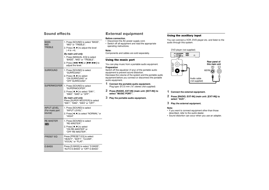 Panasonic SC-AKX73 Sound effects, External equipment, Using the music port, Using the auxiliary input, Before connection 