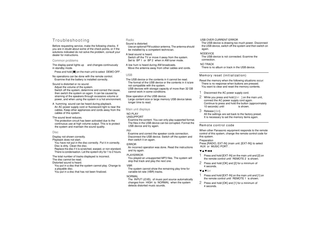 Panasonic SC-AKX73 owner manual Troubleshooting 